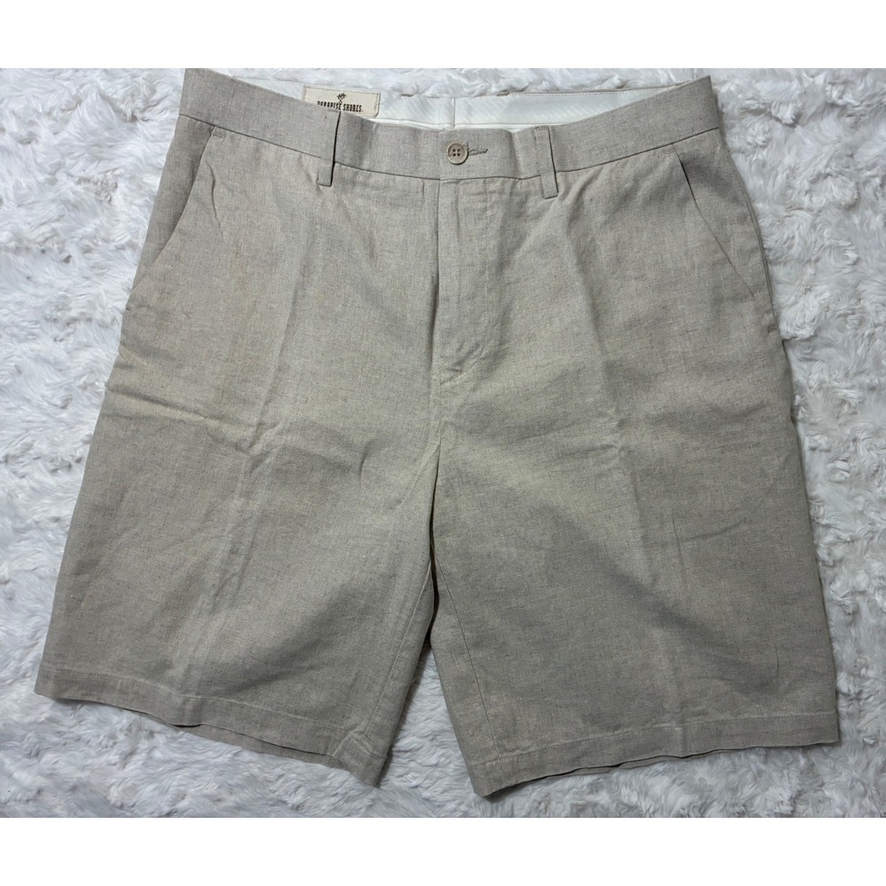 Paradise Shores Mens Beige Linen Cotton Blend Flat Front Shorts Size 34